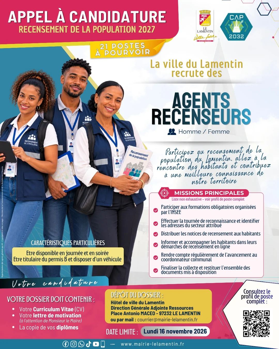 Affiche de l’appel à candidature : la ville du Lamentin recrute 21 agents recenseurs pour le recensement de la population 2027, date limite le lundi 16 novembre 2026