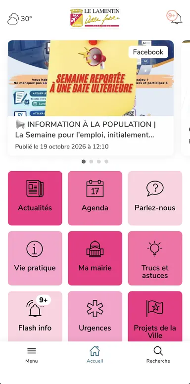 Écran d’accueil de l’application Lamèm : actualités, agenda, démarches et numéros d’urgence